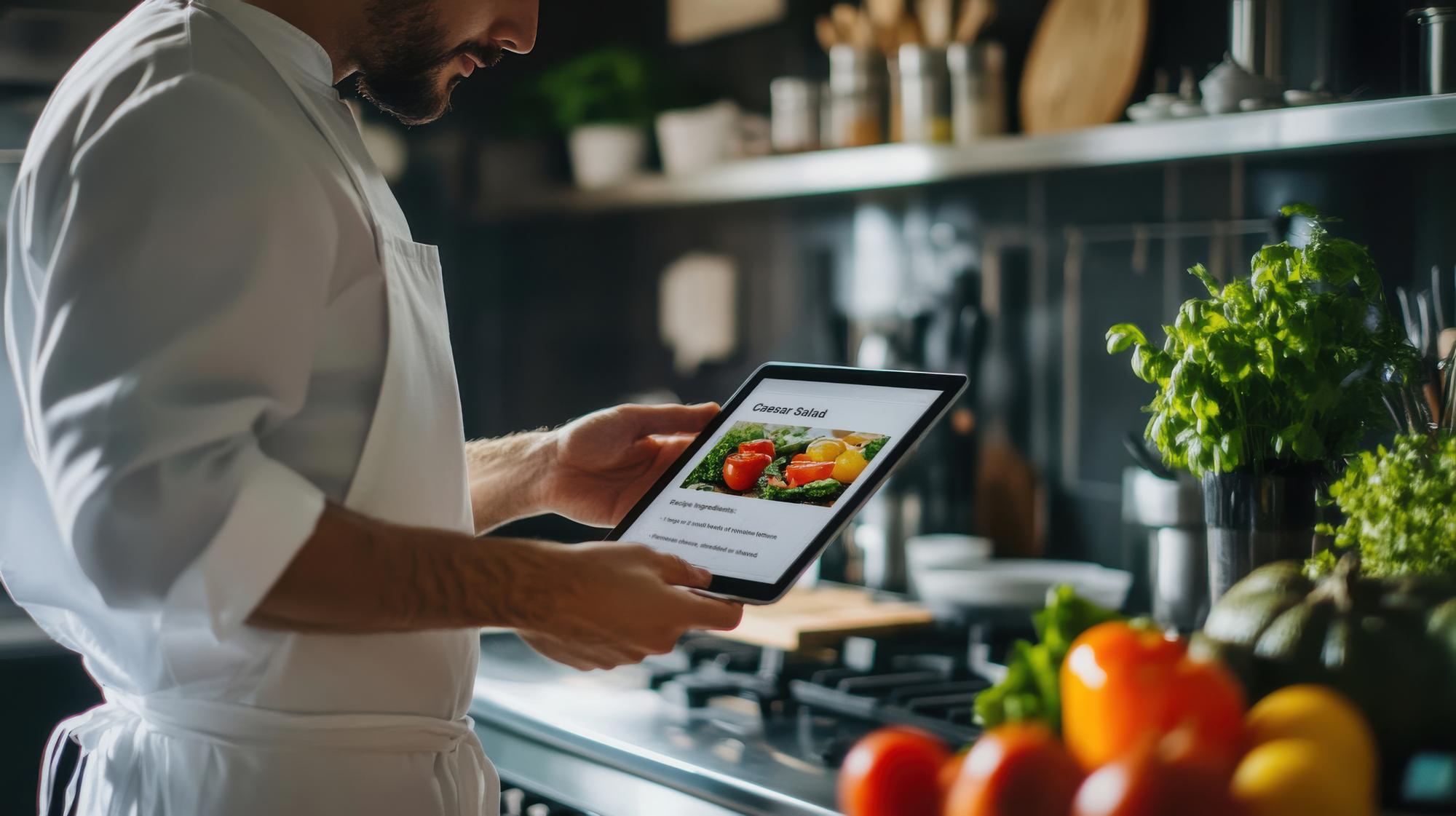 chef using tablet to follow recipe in modern kitchen