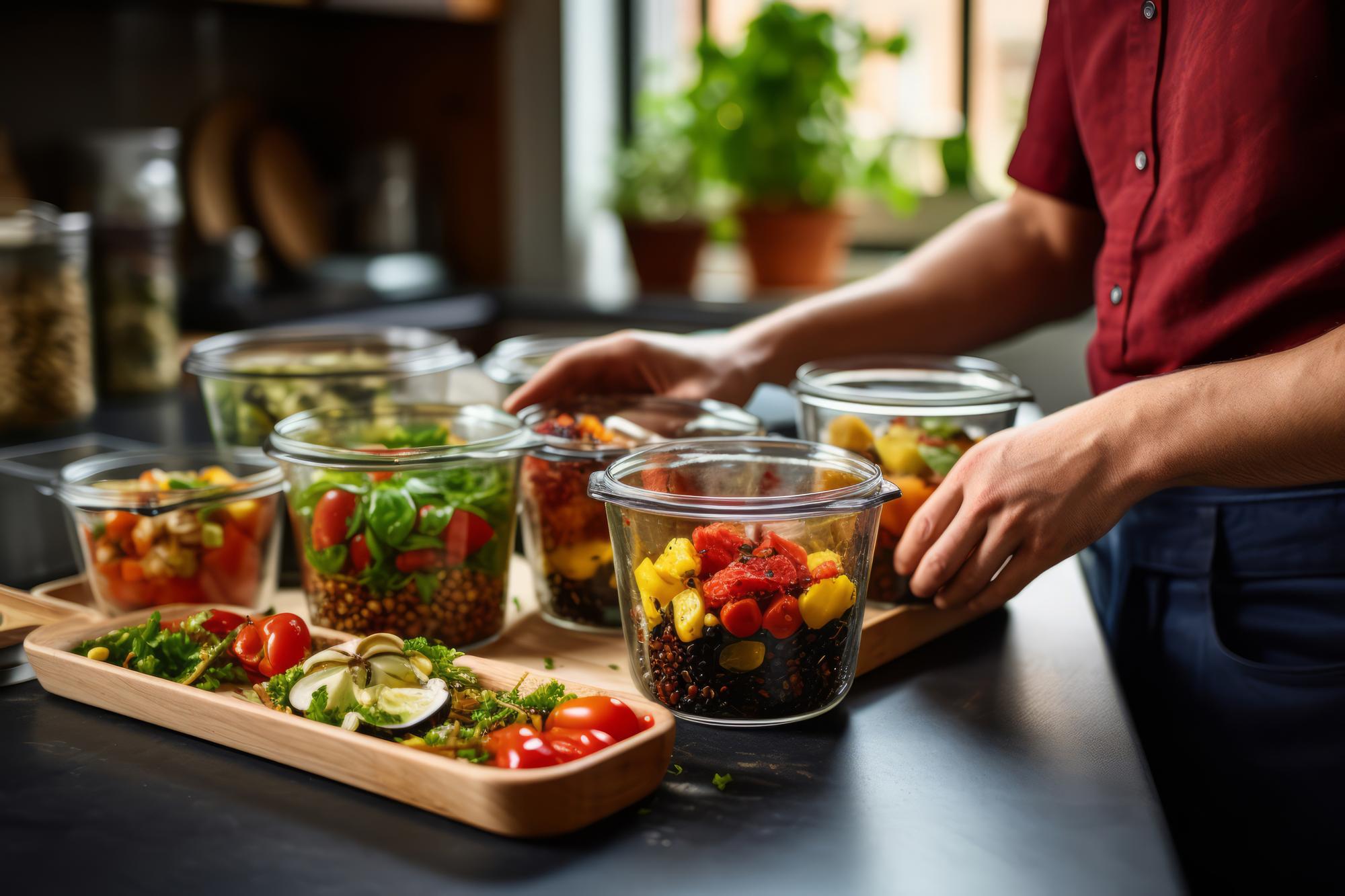 team preparing ingredients with labeled containers
